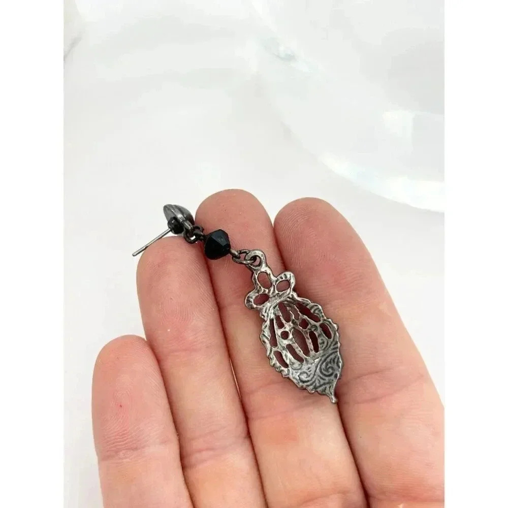 Vintage Dark Silver Tone Gothic Style Dangle Earrings - Picture 4 of 5